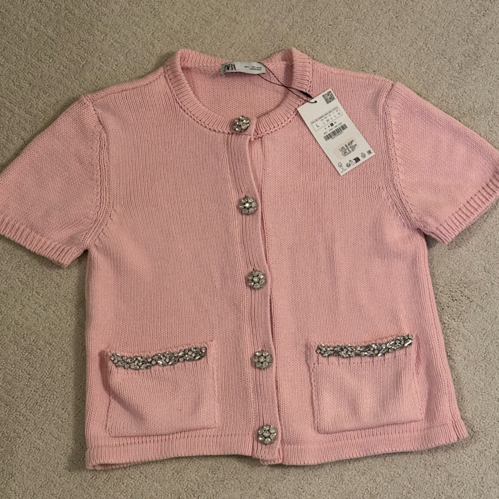 Zara Light Pink Knit Cardigan with Embellished Buttons